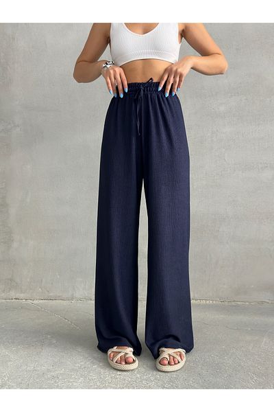 BEJNA Women's Dark Navy Blue Elastic Waist Palazzo Trousers