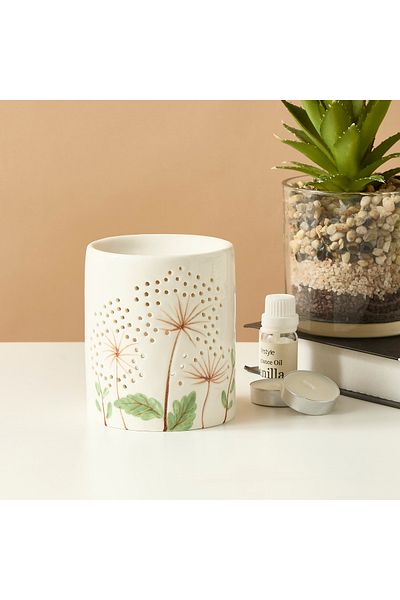 Lifestyle Cylindrical Floral Print Ceramic Oil Burner - 10x9x11 cms