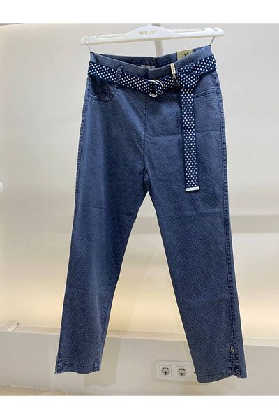 EXİTLİNE Women's Summer Belted Patterned Fabric Navy Blue Trousers