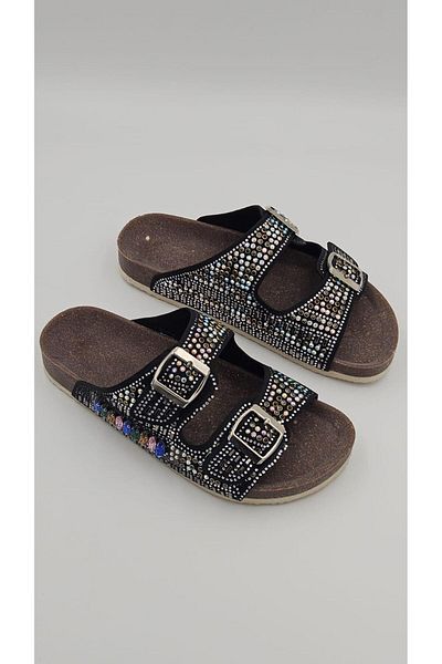 kalyoncu moda Mia Black Colored Shiny Stone Women's Slippers