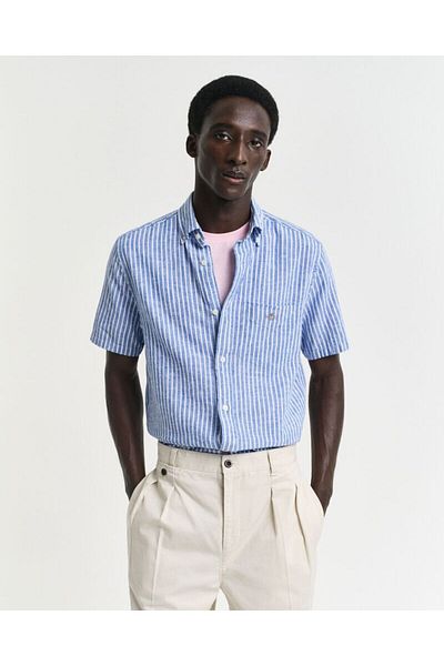 Gant Regular Fit Striped Cotton Linen Short Sleeve Shirt