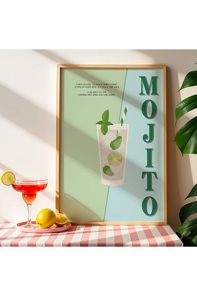 HİGUERA Mojito Colorful BAR Tablou de perete de bucătărie cu cadru din lemn natural