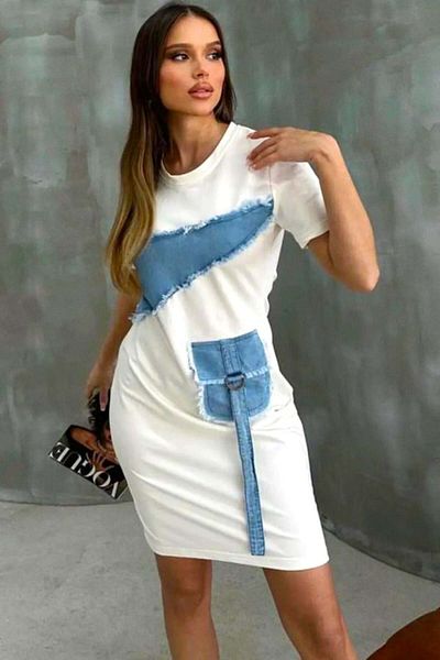 FashionForYou Rochie casual Nymar, cu detalii din denim și mâneci scurte, Alb, M