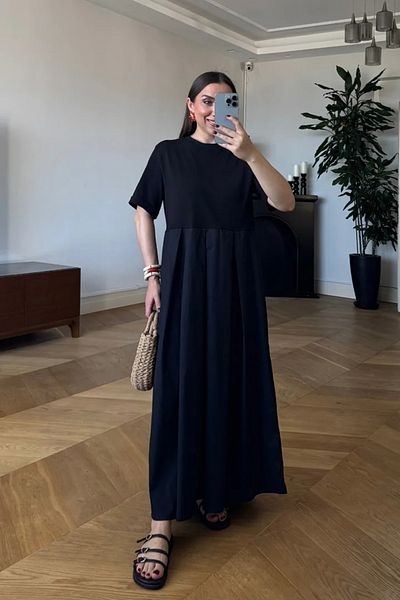 Tuba Butik Crew Neck Contrast Detailed Long Dress