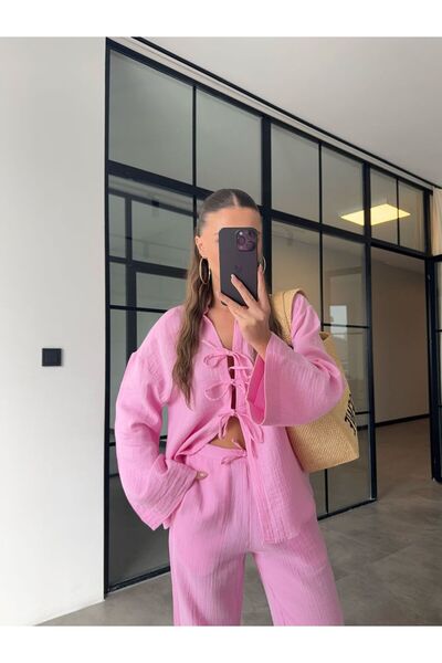 BB Bensu Buyruk 100% BUMBAC BLUZĂ CU LEGATURI PANTALONI ROZ MUSLINĂ SET