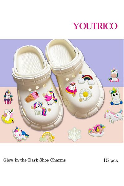 Youtrico 15pcs Dreamy Unicorn Glow-in-the-Dark Jibbitz Charms for Crocs - Slipper Ornament
