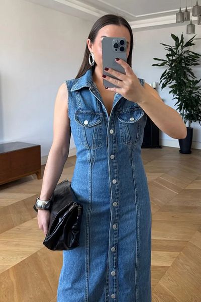 Tuba Butik Zero Sleeve Denim Long Shirt Dress
