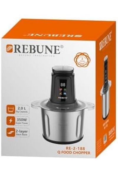 rebune Electric Vegetable and Meat Grinder, 2 Liter Capacity, 350 Watt - Digital Screen - Black RE-2-188