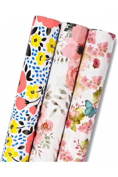 ruspepa Set de 3 role de hârtie de împachetat, model floral, multicolor, 43,2 x 305 cm