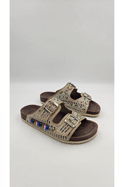 kalyoncu moda Mia Beige Colored Shiny Stone Women's Slippers