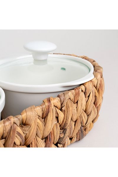 LA MESA Porcelain 3Pcs Round Casseroles With Lid And Rattan Basket