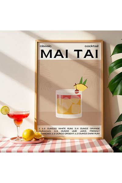 HİGUERA Mai Tai Minimalist Cocktail BAR Tablou de perete de bucătărie cu cadru din lemn natural