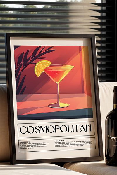 HİGUERA Ilustrație colorată Cosmopolitan BAR Tablou de perete de bucătărie cu rame din lemn natural