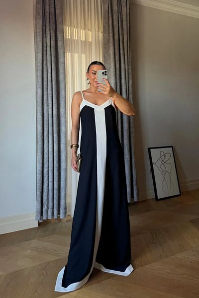 Tuba Butik Contrast Detailed Long Dress with Straps