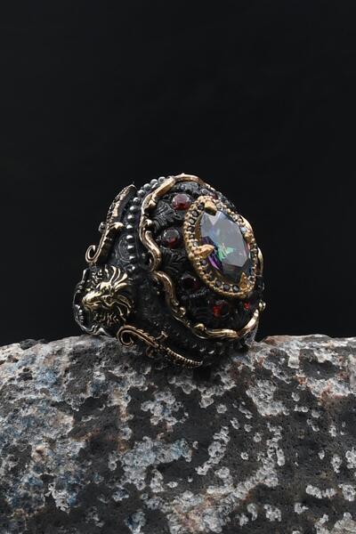 Prestige 925 Ayar Gümüş Erkek Yüzük Özel Tasarım Sıkma Kehribar ve Mistik Top...