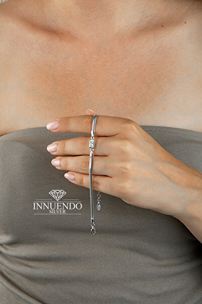innuendo jewelery 925 Ayar Gümüş Baget Taşlı Balıksırtı (İtalyan) Zincirli Bi...