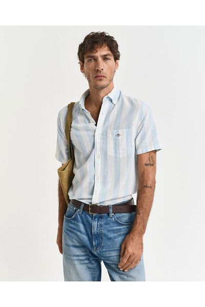 Gant Regular Fit Striped Cotton Linen Short Sleeve Shirt