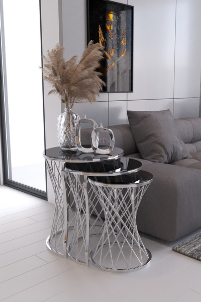 Genel Markalar ENJOY 3'LÜ NİKEL GÜMÜŞ RENK FÜME AYNA ZİGON SEHPA