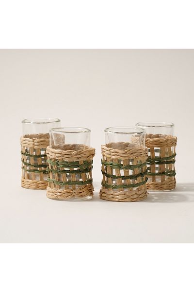 Dallaty glass and rattan 4pcs tea cup set, beige