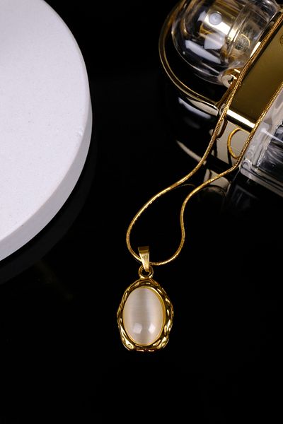 Zalifra Minimal Series, Beige Color Oval Stone, Asymmetric Frame Steel Necklace