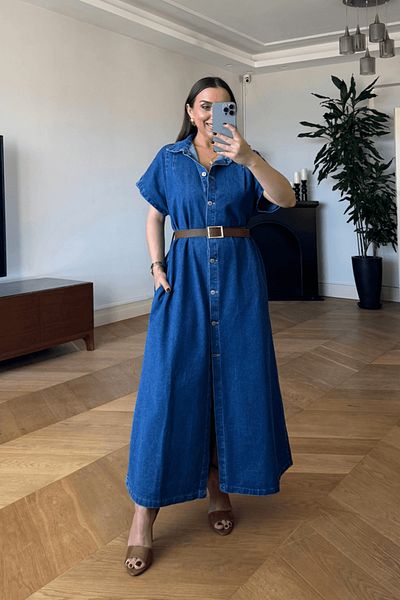Tuba Butik Short Sleeve Belted Long Shirt Dress