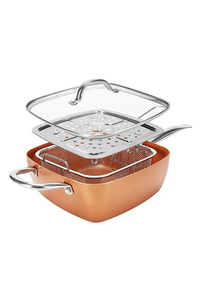 divendi-ro Square multifunctional frying pan with lid, frying grid and steam tray, 24x24x9.5cm, mahogany