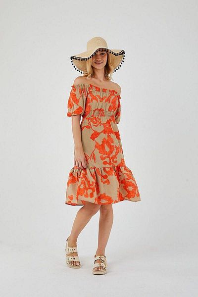Mixray 4313 Rochie de damă cu mâneci balon cu model portocaliu