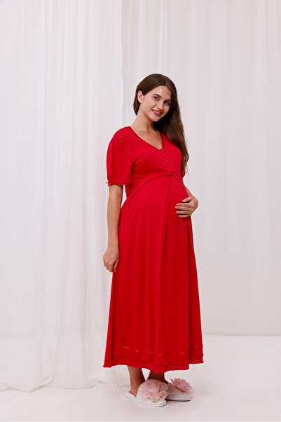 Yulem Homewear Maternity Maternity Nightgown with Cherry Ribbon Detail and Breastfeeding Feature