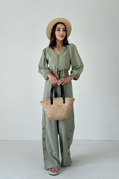My Blog Khaki V-Neck Button Detailed Crop Blouse Wide Leg Pants Linen Suit - 8045