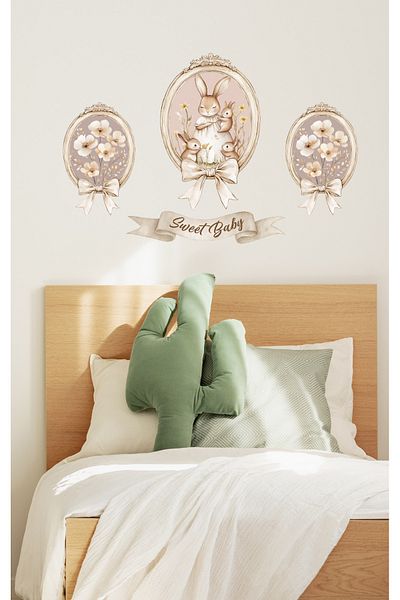 Sim Tasarım Vintage Frame Look Cute Rabbit Family and Flowers Διακοσμητικό Σετ αυτοκόλλητων τοίχου