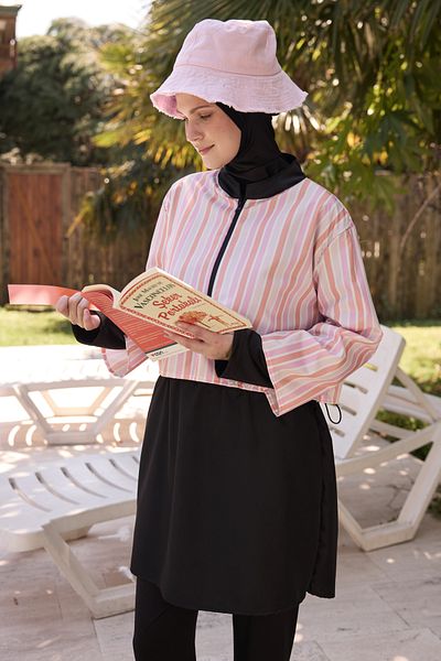 Bipantolon Γυναικείο Σετ μαγιό Hijab Παστέλ Ροζ Κάθετη Πλήρως Καλυμμένο 3 τεμαχίων