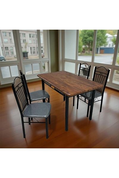 DEC5 Wooden dining table. Iron legs. 4 chairs. Size: 70*120 cm.