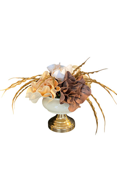 madam concept Krem - Gold Vazolu Lüks Yapay Çiçek Aranjmanı | Salon ve Masa Üstü Dekoratif Şık Tasarım