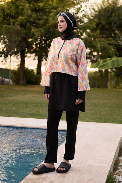 Bipantolon Γυναικείο Σετ μαγιό Hijab Soft Wave Printed Full Closed 3 τεμαχίων