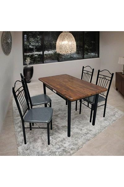 DEC5 Wooden dining table. Iron legs. 4 chairs. Size: 70*120 cm.