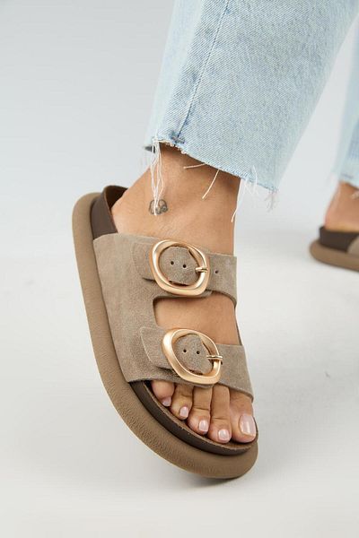 Manijero Narducci Women's Genuine Leather Double Buckle Mink Slippers