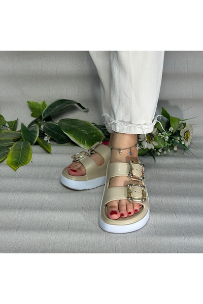 Flexter Women's Beige Stone Buckle Double Strap Comfortable Non-Slip Sole Stylish Slippers - Beach, Pool and Daily Use