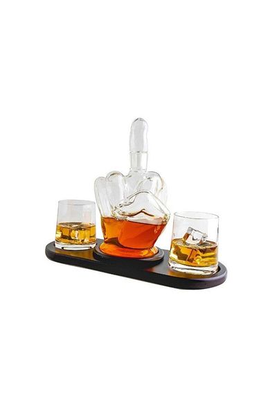 divendi-ro Set glass decanter 750ml in hand shape + 2 glasses and wooden holder, transparent dark brown