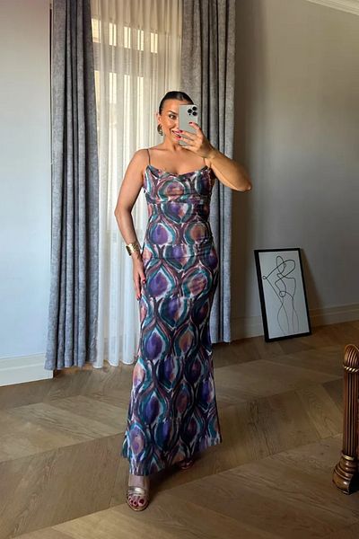 Tuba Butik Patterned Degaje Collar Long Tulle Dress