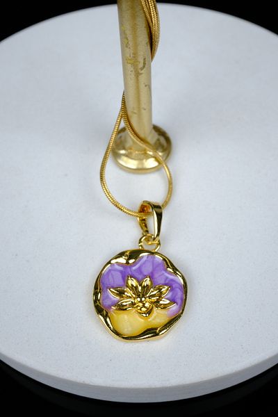 Zalifra Vintage Series, Lilac and Yellow Color Lotus Steel Necklace
