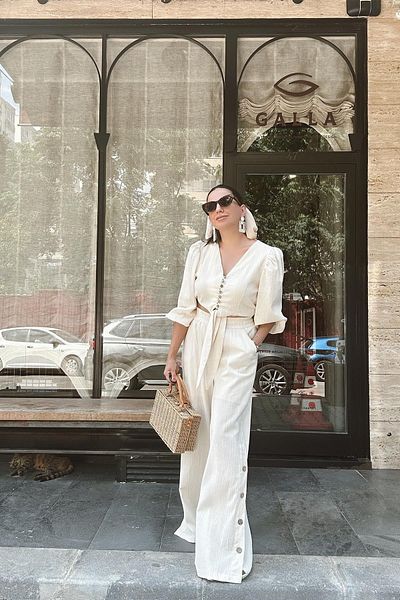 My Blog Stone V-Neck Button Detailed Crop Blouse Wide Leg Trousers Linen Suit - 8045
