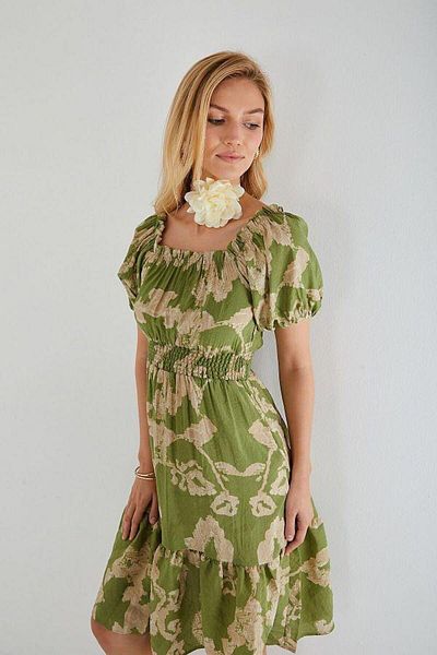 Mixray 4313 Rochie de damă cu mâneci balon cu model verde