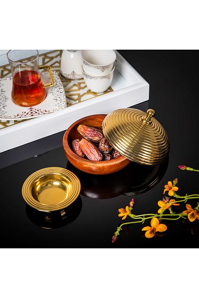 Generic وعاء تمر خشبي مع فولاذ، لون ذهبي