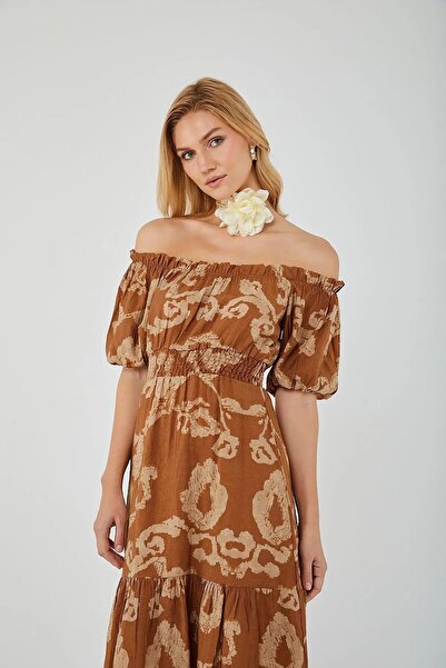 Mixray 4313 Γυναικείο φόρεμα με μπαλόνι με σχέδιο καφέ