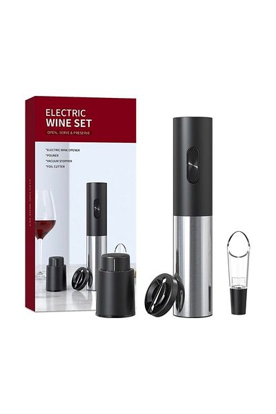 divendi-ro Set with electric corkscrew, cutter, aerator and wine bottle opener, elegant design, black-silver