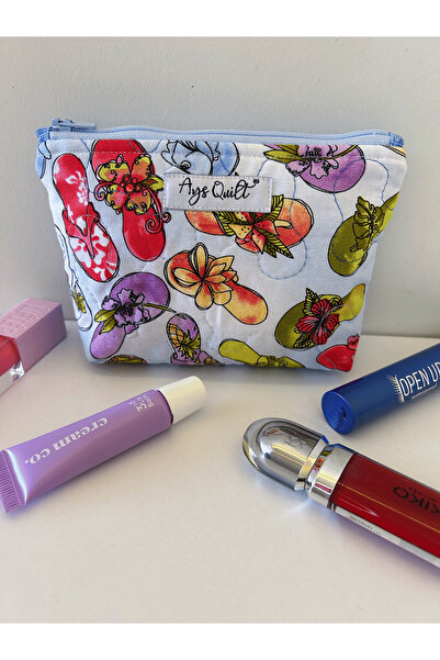 Ays Quilt حقيبة مكياج صغيرة الحجم منقوشة باللون الأزرق