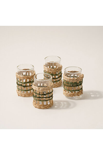 Dallaty glass and rattan 4pcs tea cup set, beige