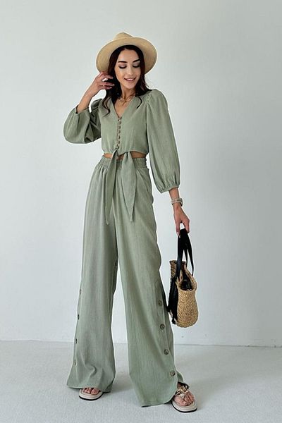 My Blog Khaki V-Neck Button Detailed Crop Blouse Wide Leg Pants Linen Suit - 8045