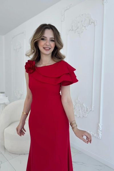 HELİS BUTİK Asymmetrical Flywheel Detailed Red One Shoulder Evening Dress