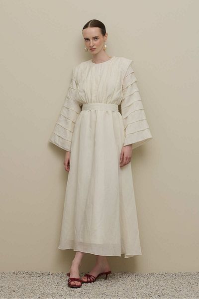 Fahhar Wide Sleeve Rib Detailed Dress Ecru